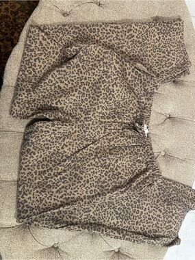 Leopard Print Elastic Waist Linen Pants - Brown/Black